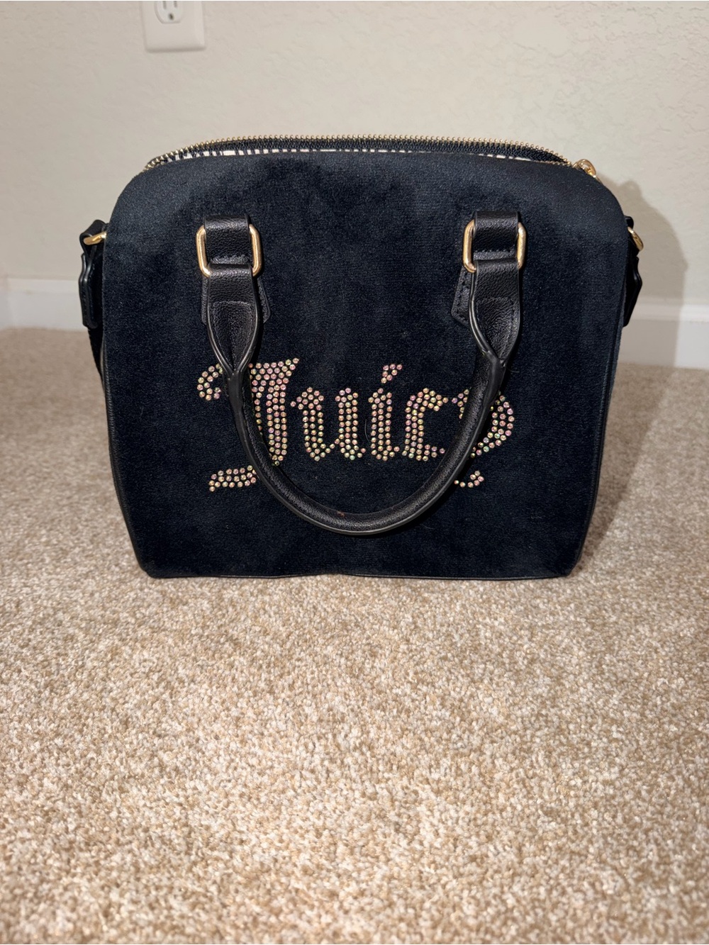Juicy Couture Black Velour Satchel with Rhinestone Logo